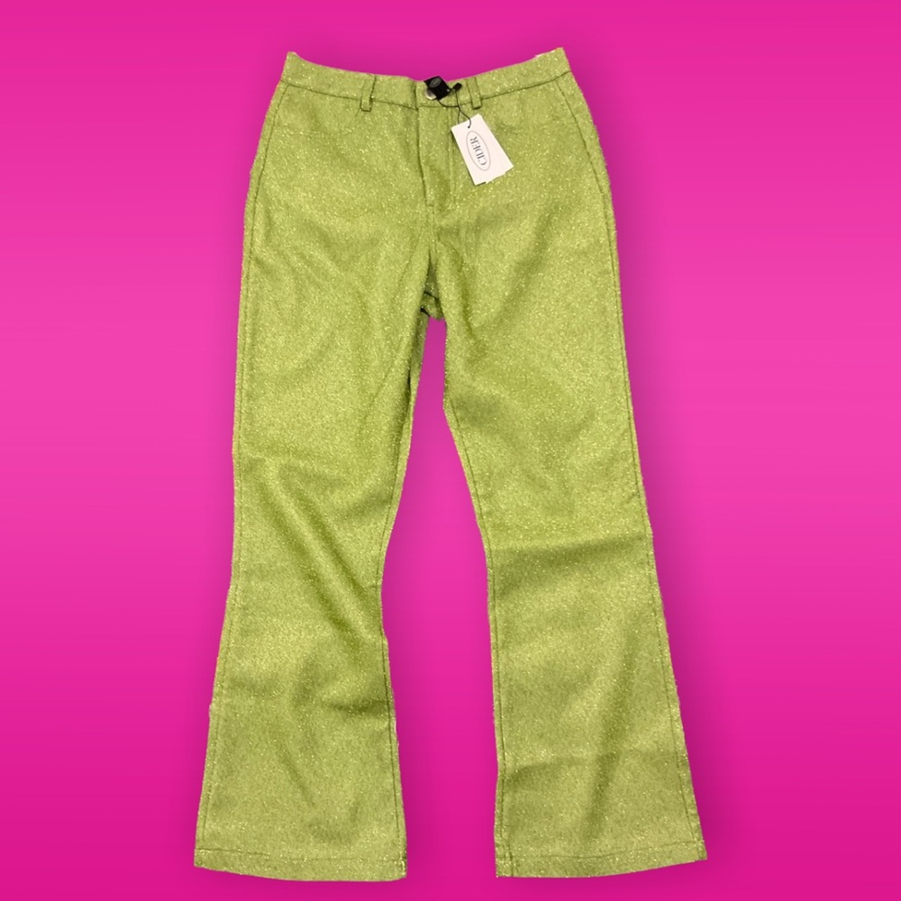 NWT Cider Neon Vibrant Green Metallic Glitter 70s style disco Pants